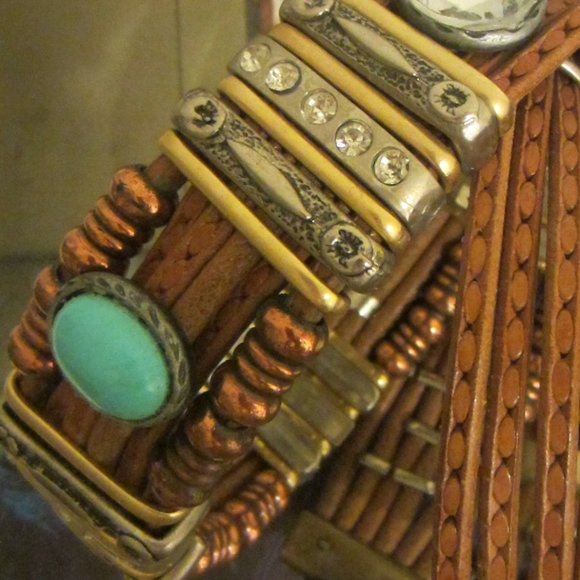 Western Style Tan Leather Belt Native Beaded Turquoise Rhinestones Cabochons main image 10
